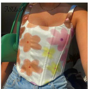 FSDA Women Off Shoulder Tube Corset Crop Top O Neck Backless Floral Print Sexy